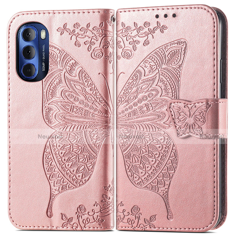 Leather Case Stands Butterfly Flip Cover Holder for Motorola Moto G Stylus (2022) 5G Pink