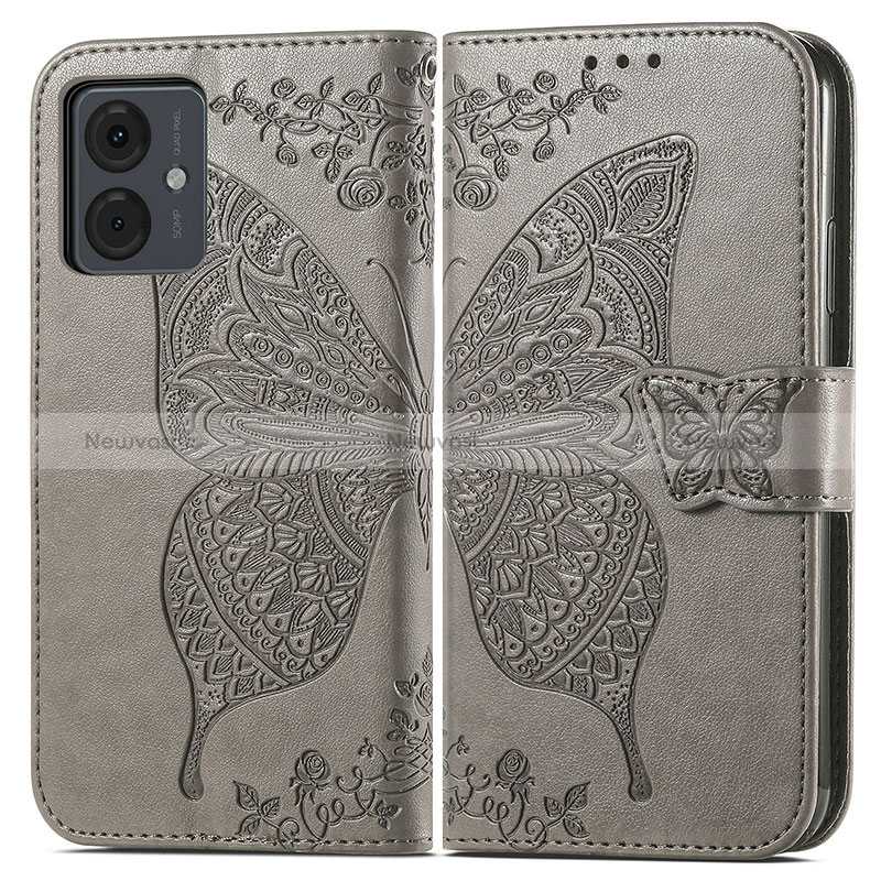 Leather Case Stands Butterfly Flip Cover Holder for Motorola Moto G14 Gray
