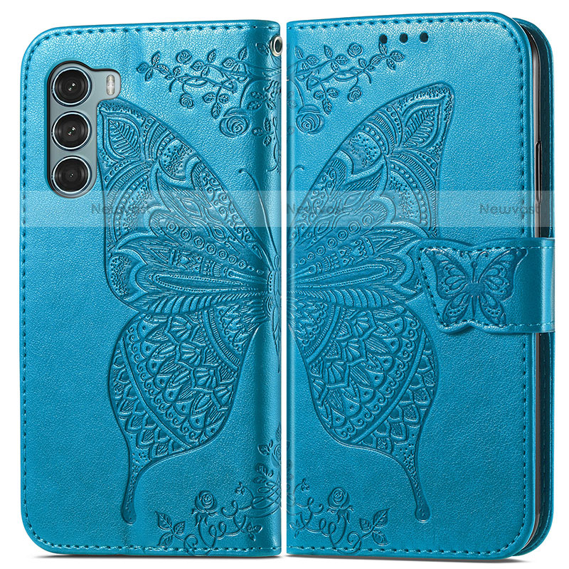 Leather Case Stands Butterfly Flip Cover Holder for Motorola Moto G200 5G Blue