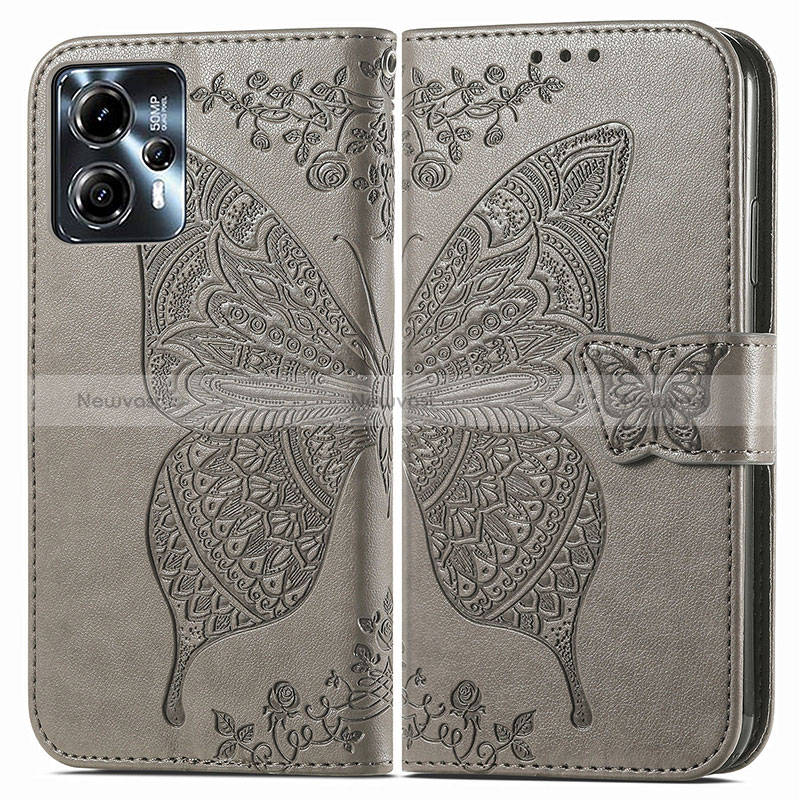 Leather Case Stands Butterfly Flip Cover Holder for Motorola Moto G23 Gray