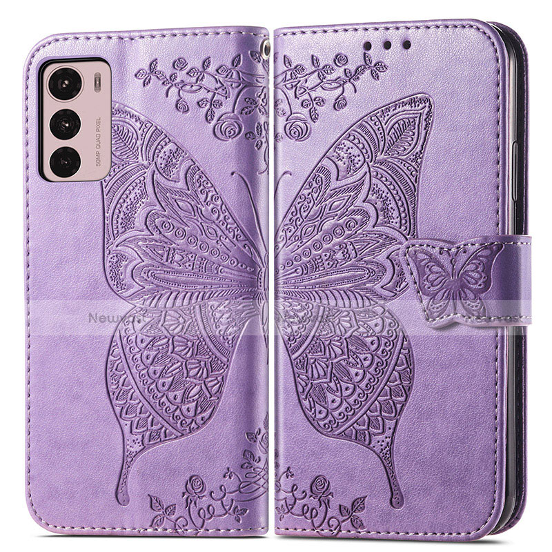 Leather Case Stands Butterfly Flip Cover Holder for Motorola Moto G42 Clove Purple