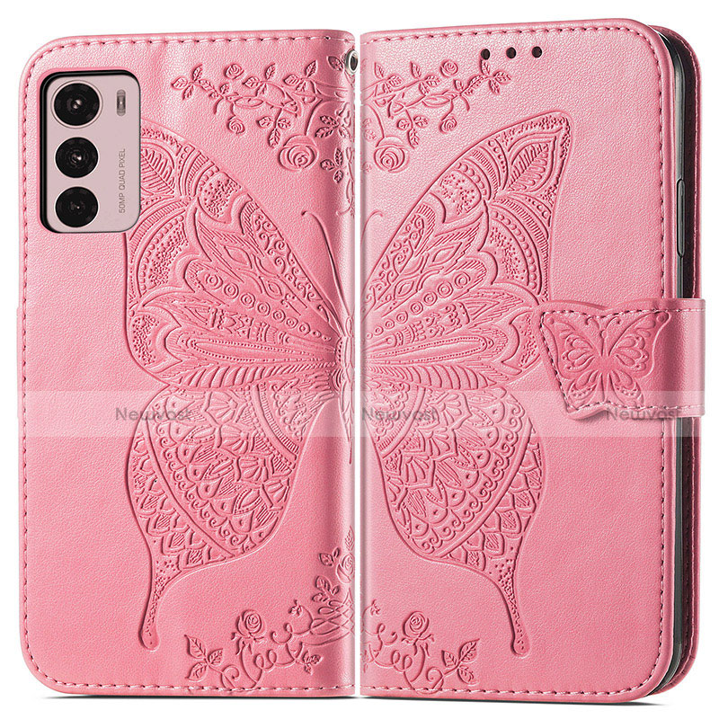 Leather Case Stands Butterfly Flip Cover Holder for Motorola Moto G42 Hot Pink