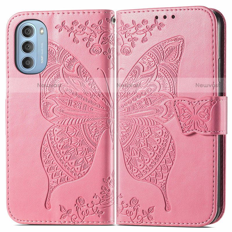 Leather Case Stands Butterfly Flip Cover Holder for Motorola Moto G51 5G Hot Pink