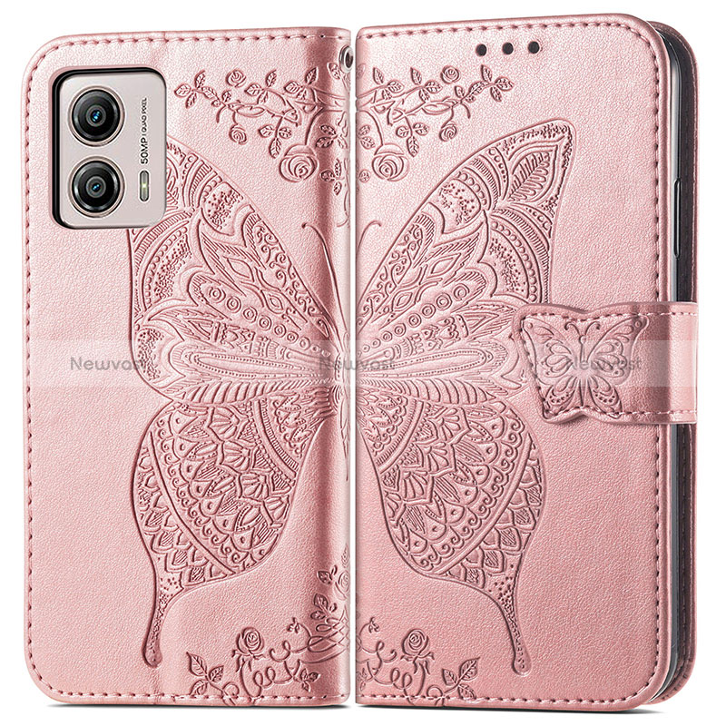 Leather Case Stands Butterfly Flip Cover Holder for Motorola Moto G53 5G Rose Gold