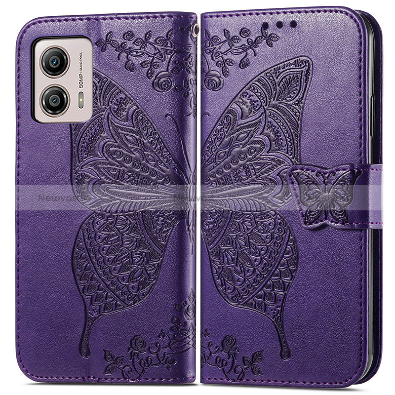 Leather Case Stands Butterfly Flip Cover Holder for Motorola Moto G53j 5G Purple