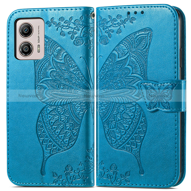 Leather Case Stands Butterfly Flip Cover Holder for Motorola Moto G53y 5G Blue