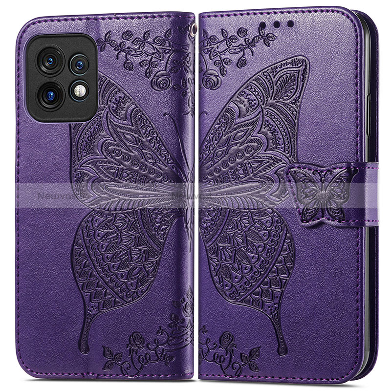 Leather Case Stands Butterfly Flip Cover Holder for Motorola Moto X40 5G Purple