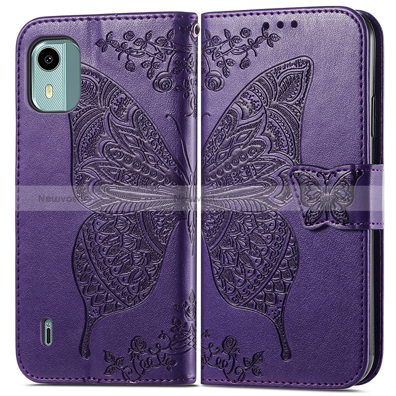 Leather Case Stands Butterfly Flip Cover Holder for Nokia C12 Plus Purple