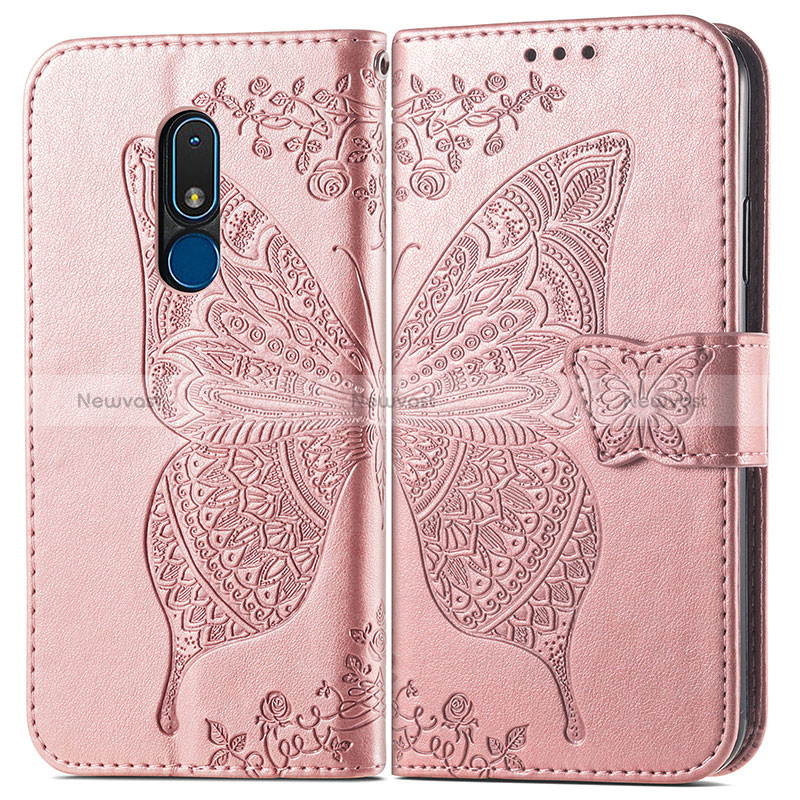 Leather Case Stands Butterfly Flip Cover Holder for Nokia C3 Rose Gold