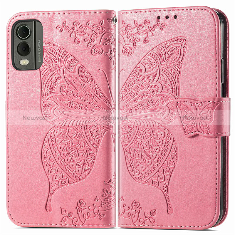 Leather Case Stands Butterfly Flip Cover Holder for Nokia C32 Hot Pink