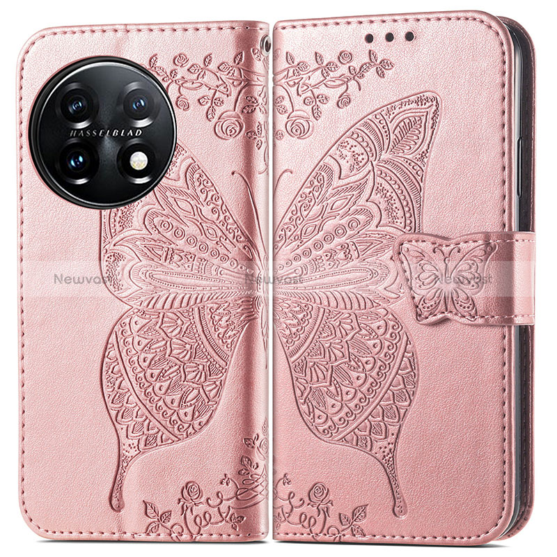 Leather Case Stands Butterfly Flip Cover Holder for OnePlus 11 5G Rose Gold