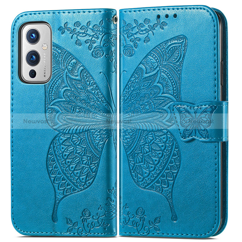 Leather Case Stands Butterfly Flip Cover Holder for OnePlus 9 5G Blue