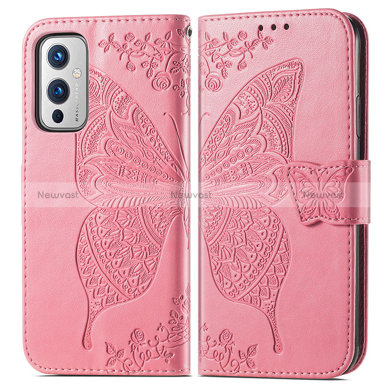 Leather Case Stands Butterfly Flip Cover Holder for OnePlus 9 5G Hot Pink