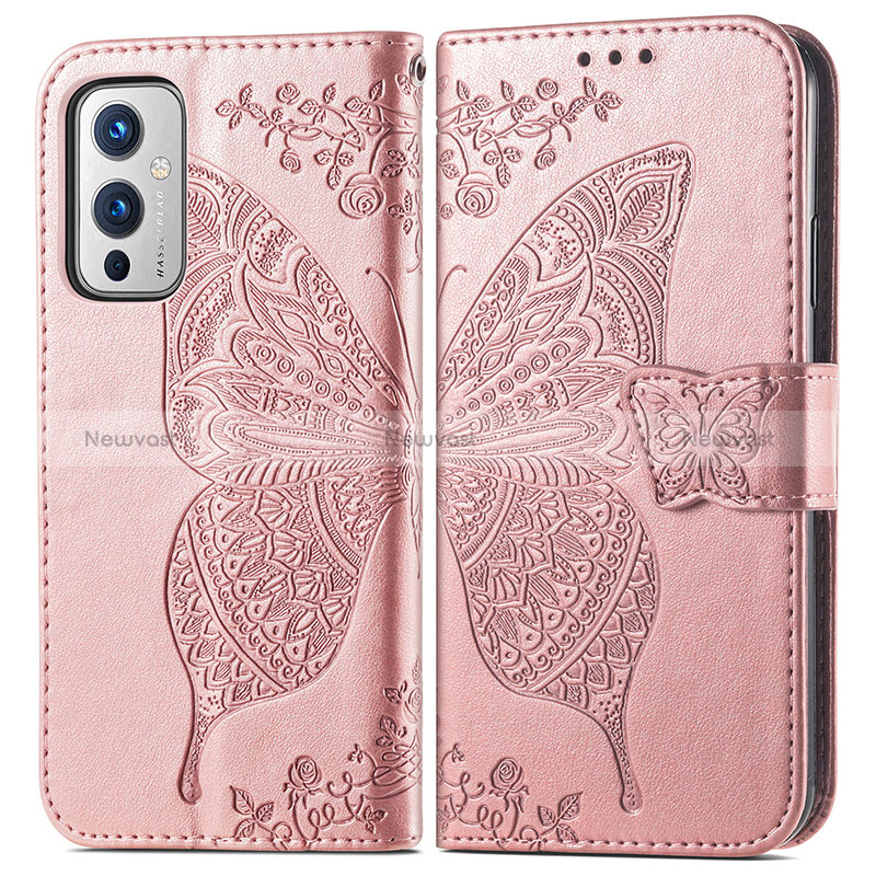 Leather Case Stands Butterfly Flip Cover Holder for OnePlus 9 5G Rose Gold