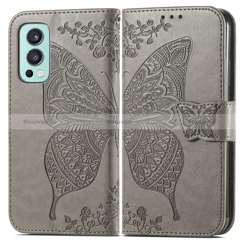 Leather Case Stands Butterfly Flip Cover Holder for OnePlus Nord 2 5G Gray