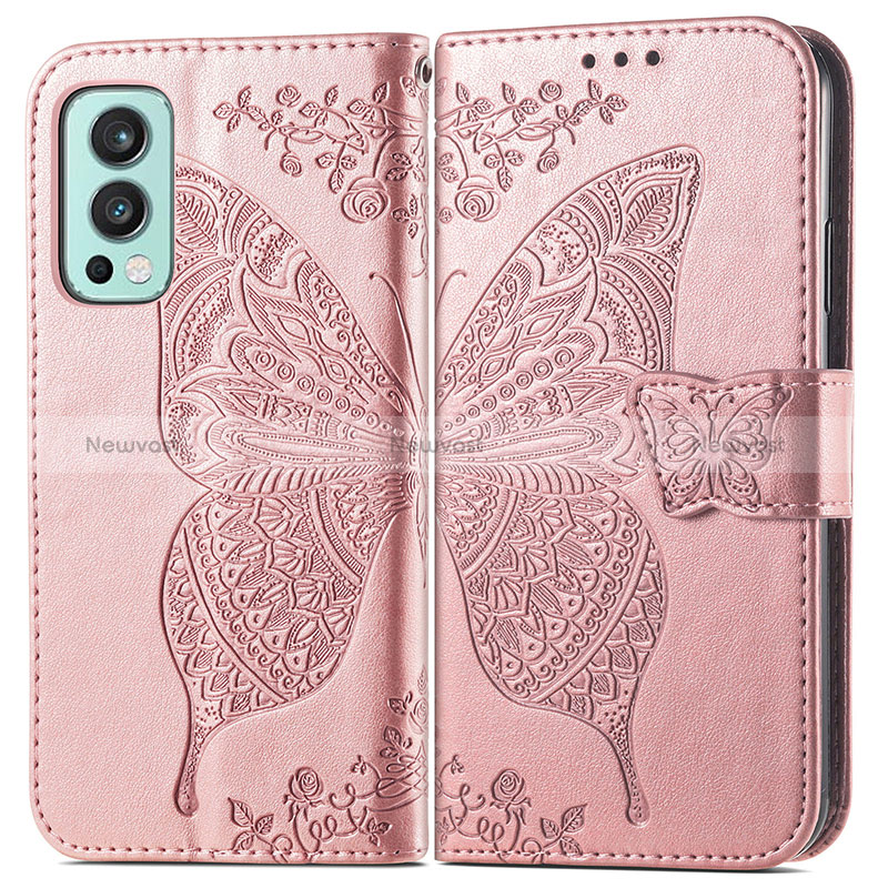 Leather Case Stands Butterfly Flip Cover Holder for OnePlus Nord 2 5G Rose Gold