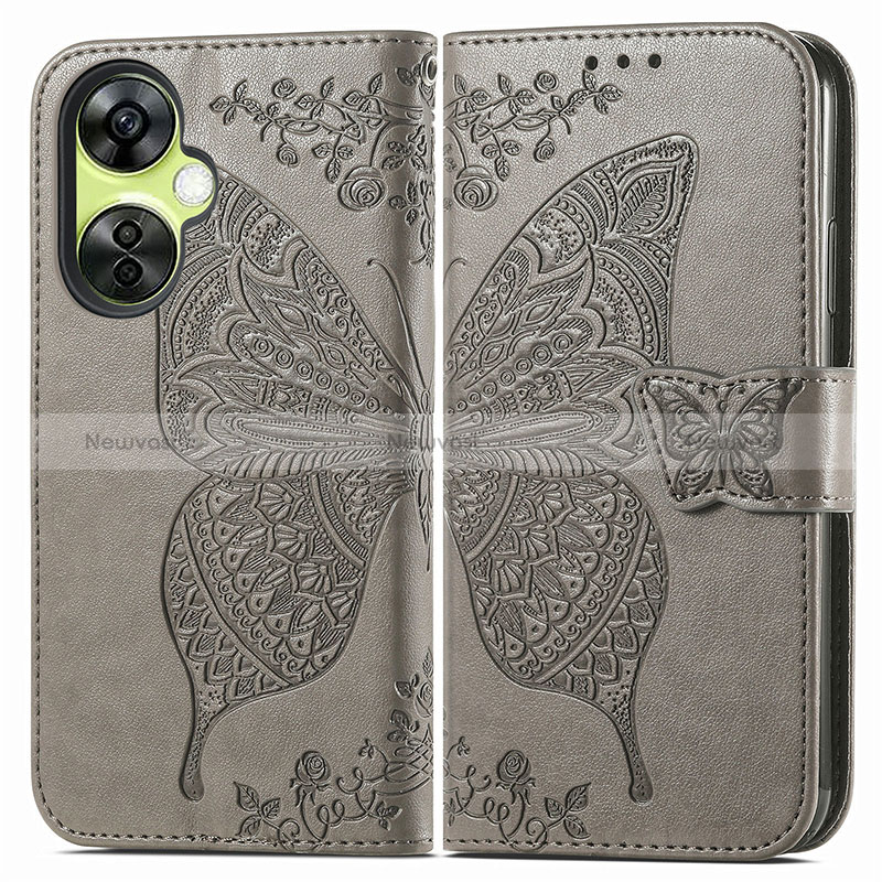 Leather Case Stands Butterfly Flip Cover Holder for OnePlus Nord N30 5G Gray