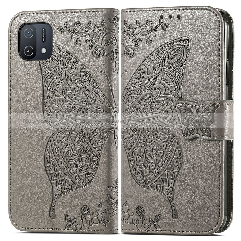 Leather Case Stands Butterfly Flip Cover Holder for Oppo A16e Gray