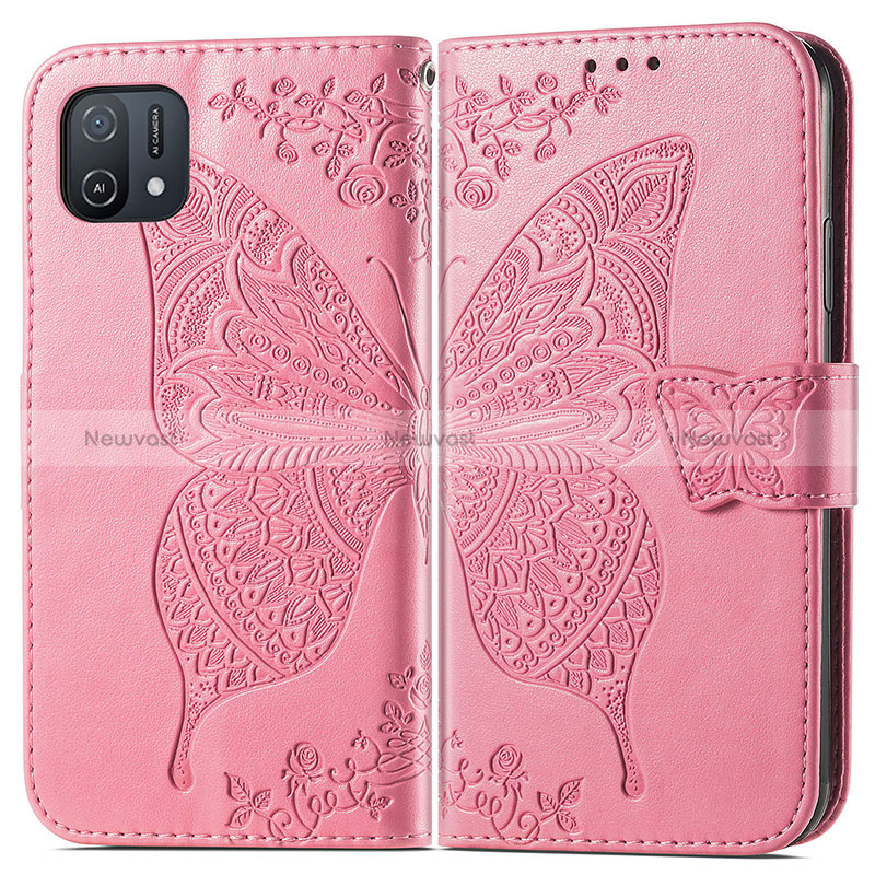 Leather Case Stands Butterfly Flip Cover Holder for Oppo A16e Hot Pink