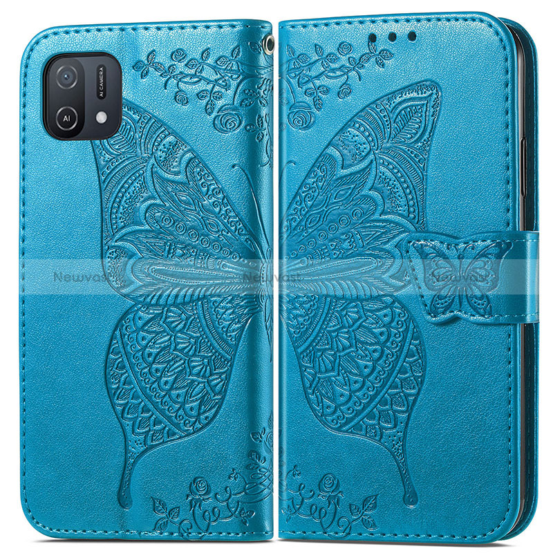 Leather Case Stands Butterfly Flip Cover Holder for Oppo A16K Blue