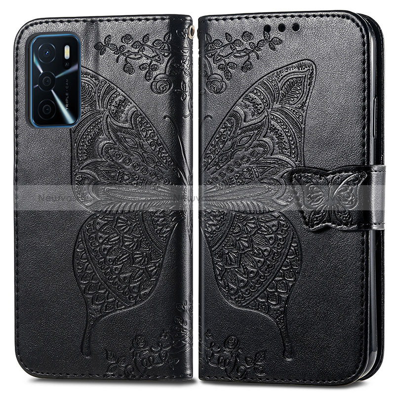 Leather Case Stands Butterfly Flip Cover Holder for Oppo A16s Black