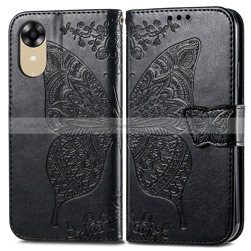 Leather Case Stands Butterfly Flip Cover Holder for Oppo A17K Black