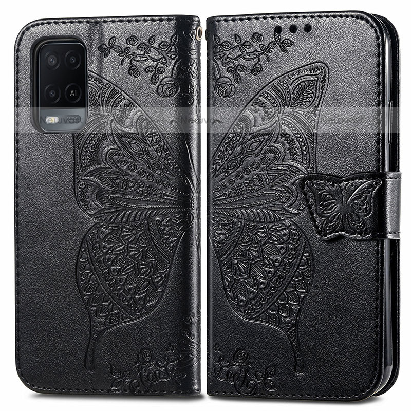 Leather Case Stands Butterfly Flip Cover Holder for Oppo A54 4G Black