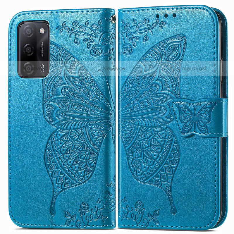 Leather Case Stands Butterfly Flip Cover Holder for Oppo A55 5G Blue