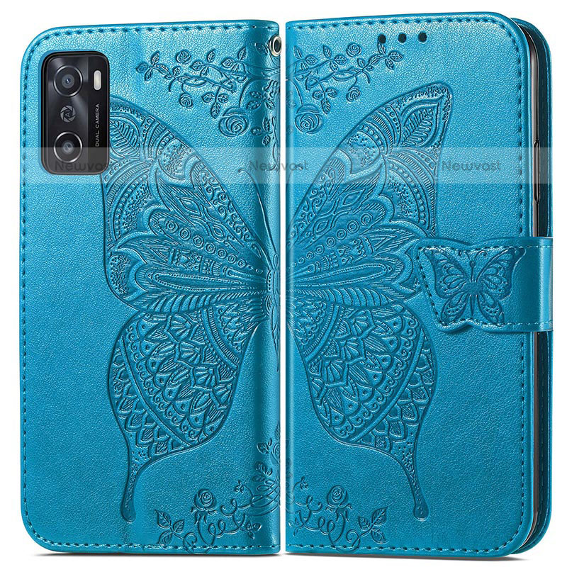 Leather Case Stands Butterfly Flip Cover Holder for Oppo A55S 5G Blue