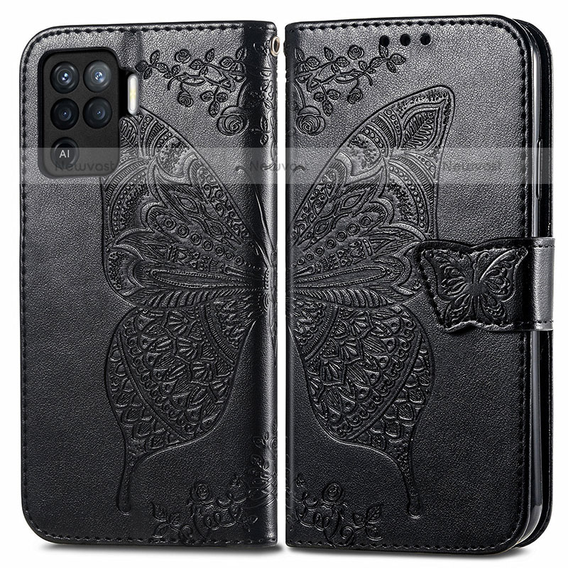 Leather Case Stands Butterfly Flip Cover Holder for Oppo A94 4G Black