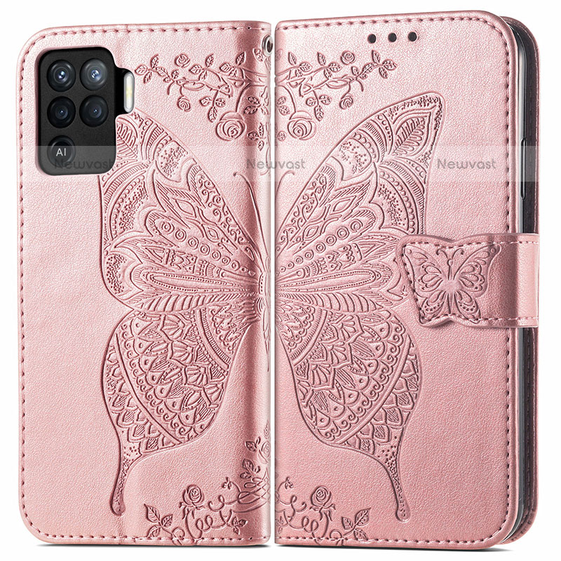 Leather Case Stands Butterfly Flip Cover Holder for Oppo F19 Pro Pink