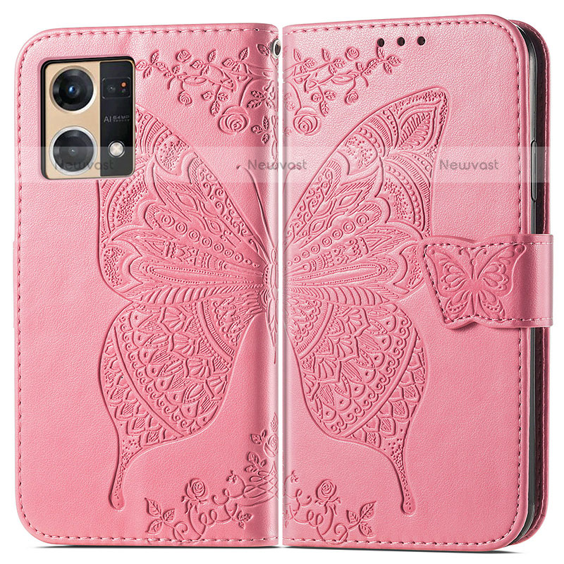 Leather Case Stands Butterfly Flip Cover Holder for Oppo F21s Pro 4G Hot Pink