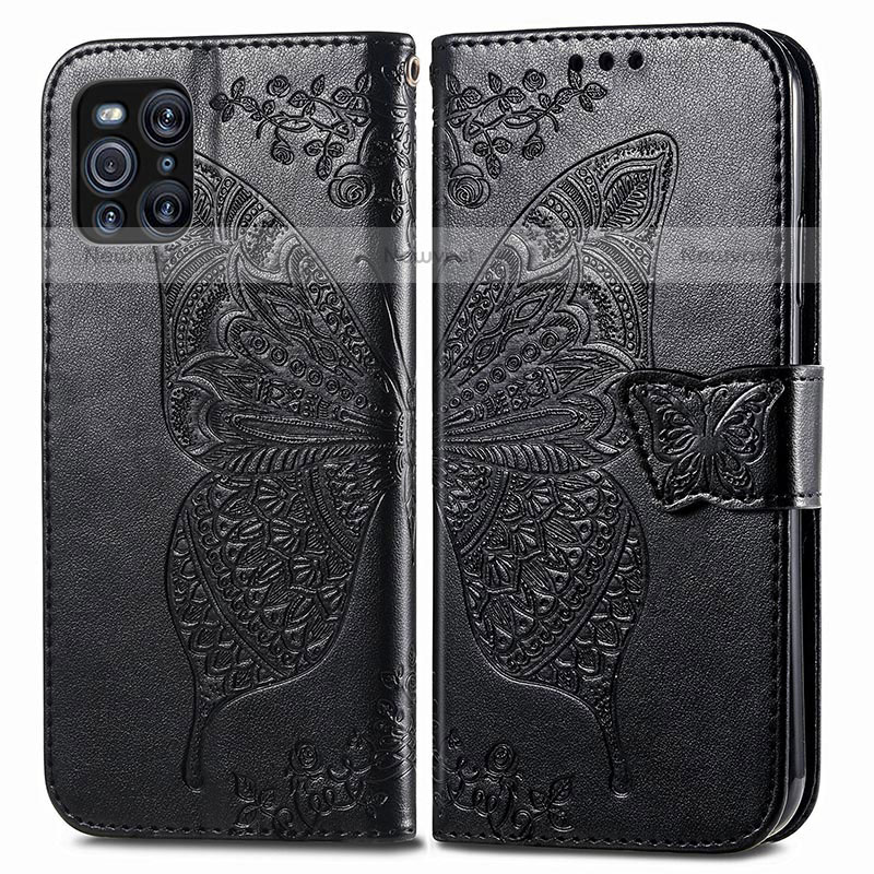 Leather Case Stands Butterfly Flip Cover Holder for Oppo Find X3 Pro 5G Black