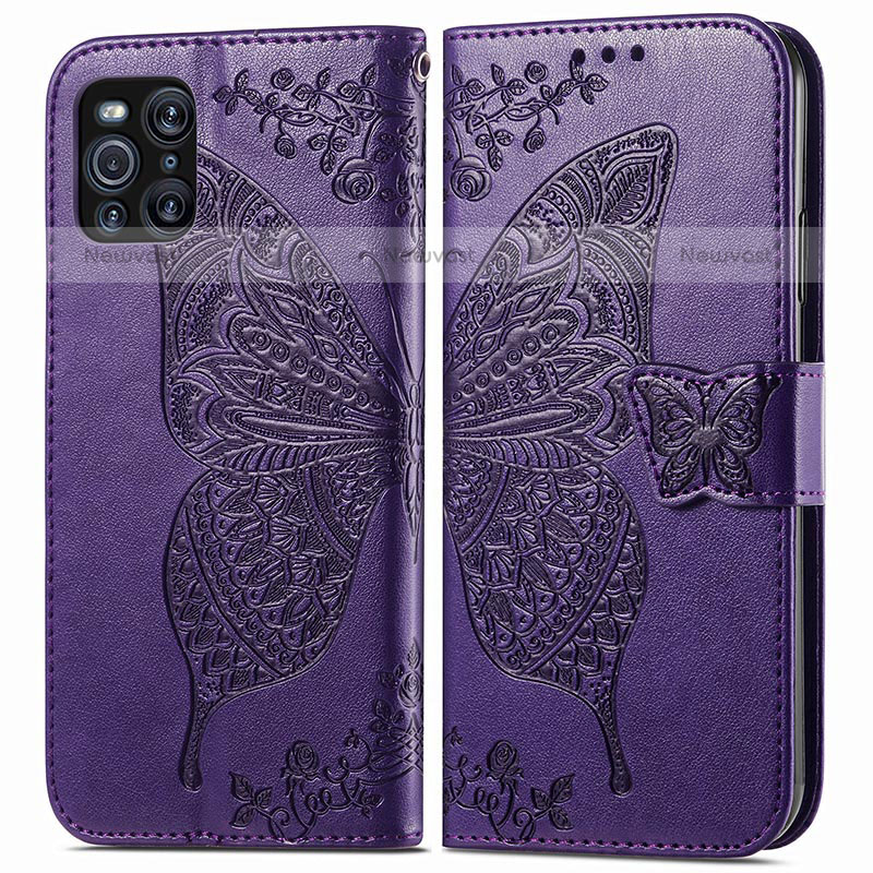 Leather Case Stands Butterfly Flip Cover Holder for Oppo Find X3 Pro 5G Purple