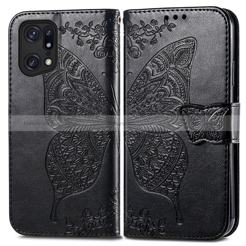 Leather Case Stands Butterfly Flip Cover Holder for Oppo Find X5 5G Black