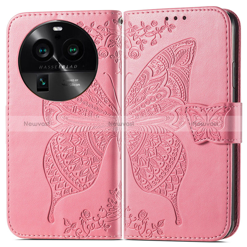 Leather Case Stands Butterfly Flip Cover Holder for Oppo Find X6 5G Hot Pink