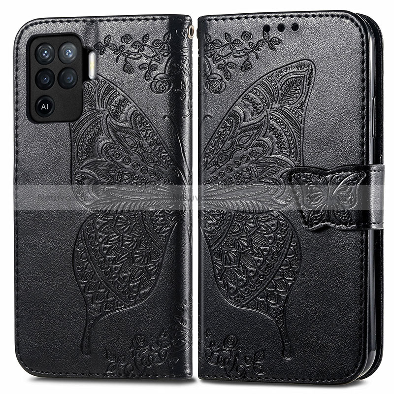 Leather Case Stands Butterfly Flip Cover Holder for Oppo Reno5 F Black