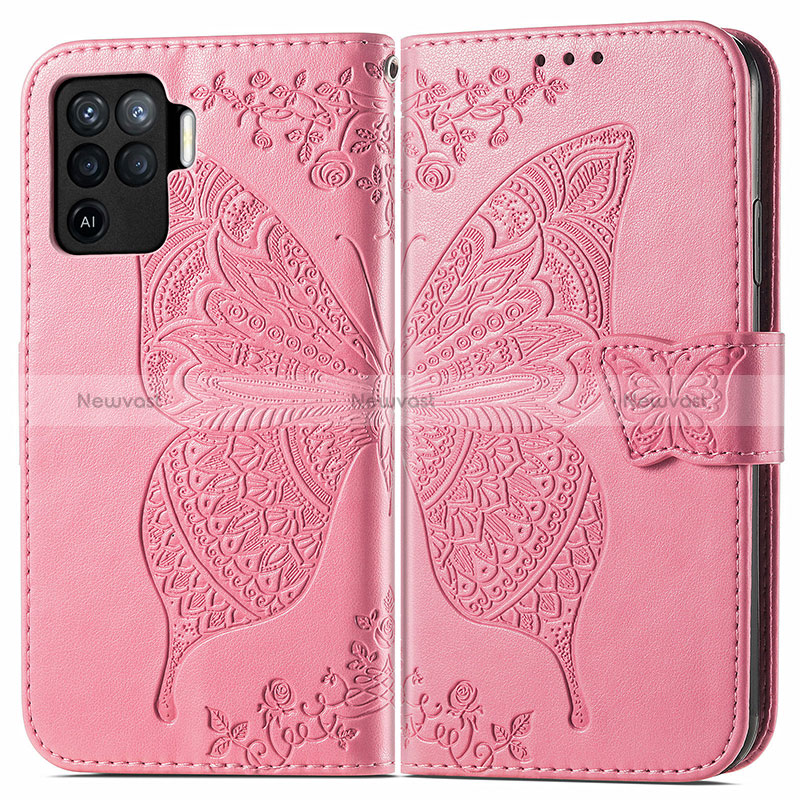 Leather Case Stands Butterfly Flip Cover Holder for Oppo Reno5 Lite Hot Pink