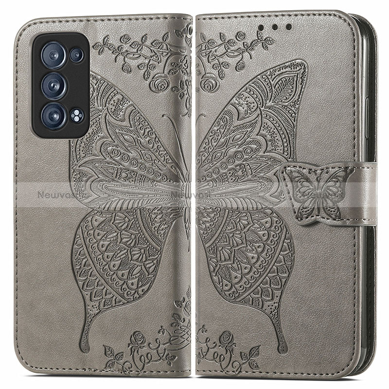 Leather Case Stands Butterfly Flip Cover Holder for Oppo Reno6 Pro 5G Gray