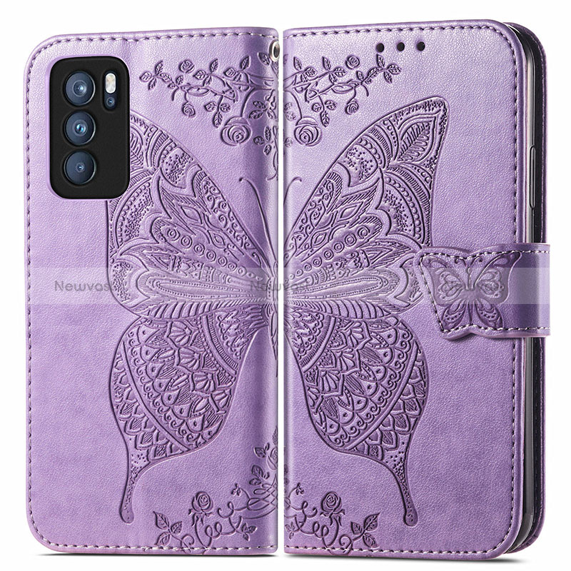 Leather Case Stands Butterfly Flip Cover Holder for Oppo Reno6 Pro 5G India Clove Purple