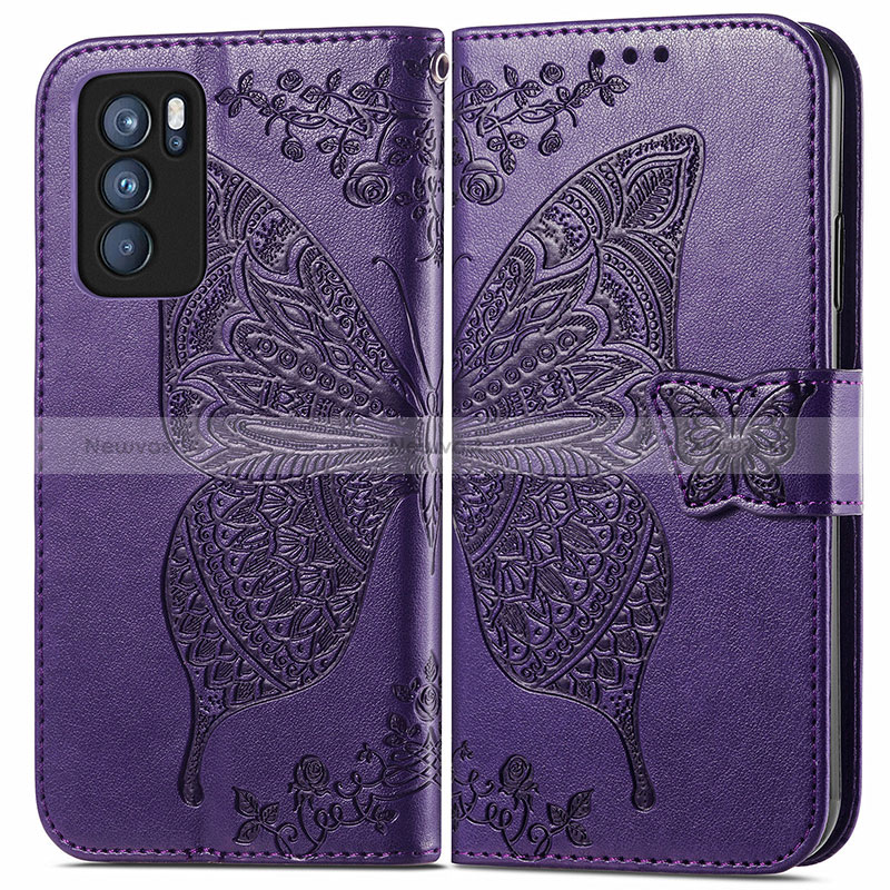 Leather Case Stands Butterfly Flip Cover Holder for Oppo Reno6 Pro 5G India Purple