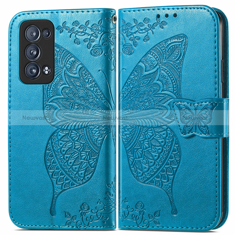 Leather Case Stands Butterfly Flip Cover Holder for Oppo Reno6 Pro+ Plus 5G Blue