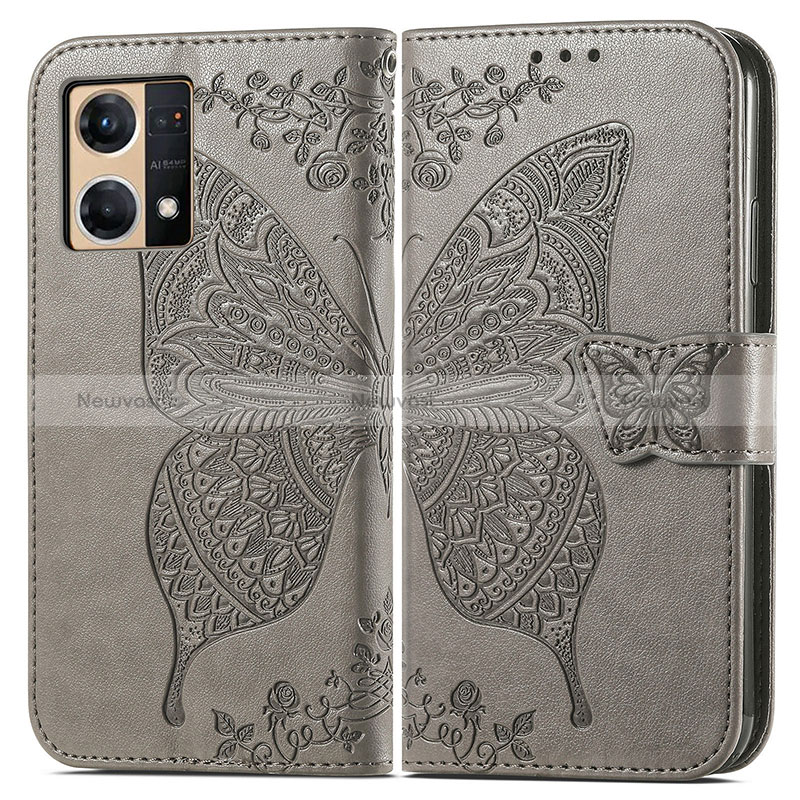 Leather Case Stands Butterfly Flip Cover Holder for Oppo Reno8 4G Gray