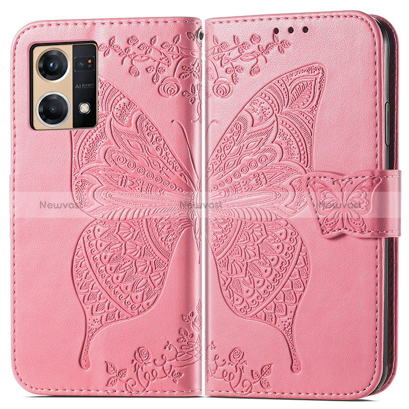 Leather Case Stands Butterfly Flip Cover Holder for Oppo Reno8 4G Hot Pink