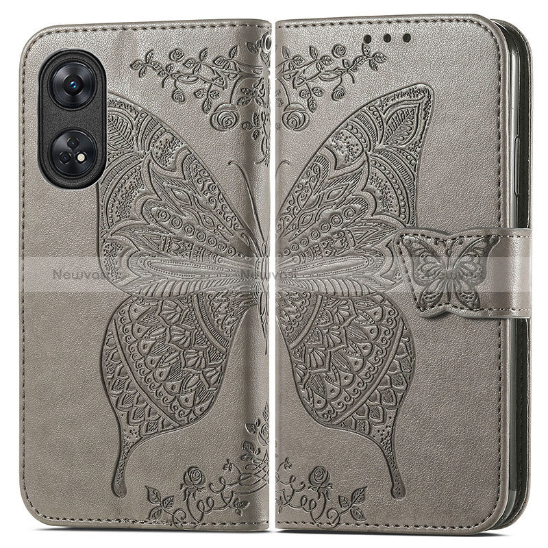 Leather Case Stands Butterfly Flip Cover Holder for Oppo Reno8 T 4G Gray