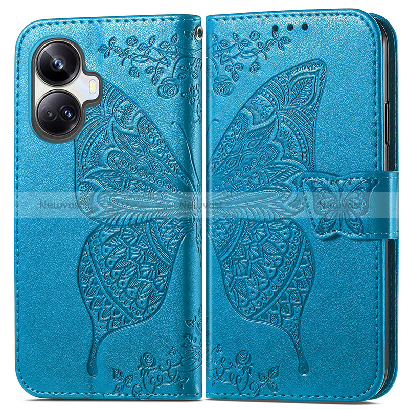 Leather Case Stands Butterfly Flip Cover Holder for Realme 10 Pro+ Plus 5G Blue