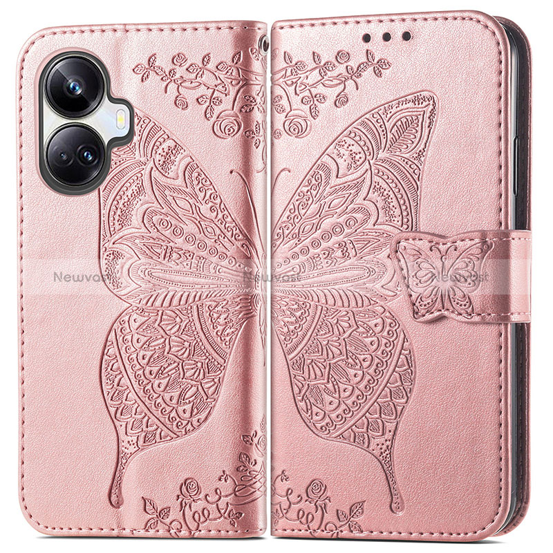 Leather Case Stands Butterfly Flip Cover Holder for Realme 10 Pro+ Plus 5G Rose Gold