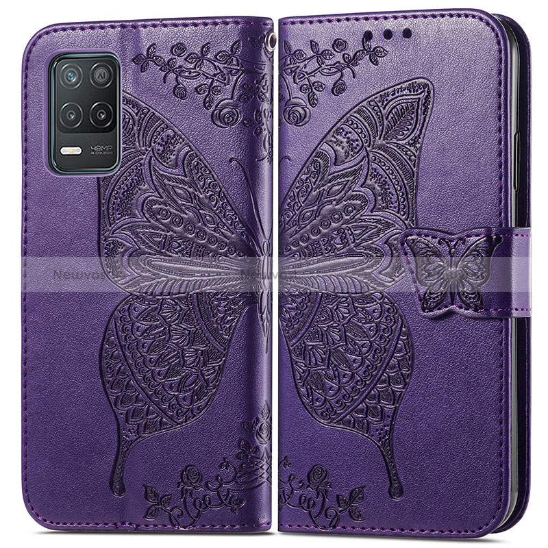 Leather Case Stands Butterfly Flip Cover Holder for Realme 8 5G Purple