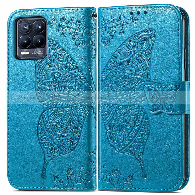 Leather Case Stands Butterfly Flip Cover Holder for Realme 8 Pro Blue