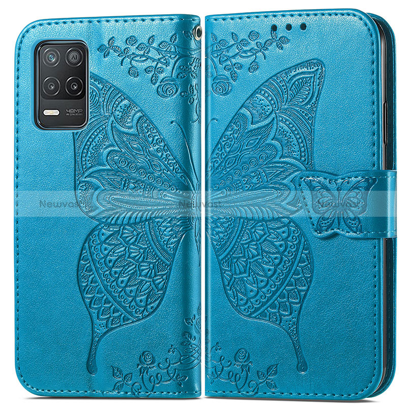 Leather Case Stands Butterfly Flip Cover Holder for Realme 9 5G India Blue